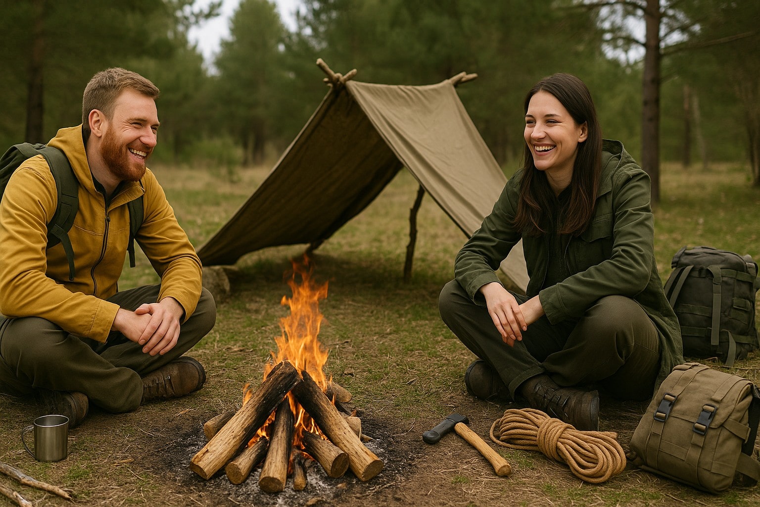 momak i devojka sede nasmejani oko logorske vatre ispred šatora u prirodi