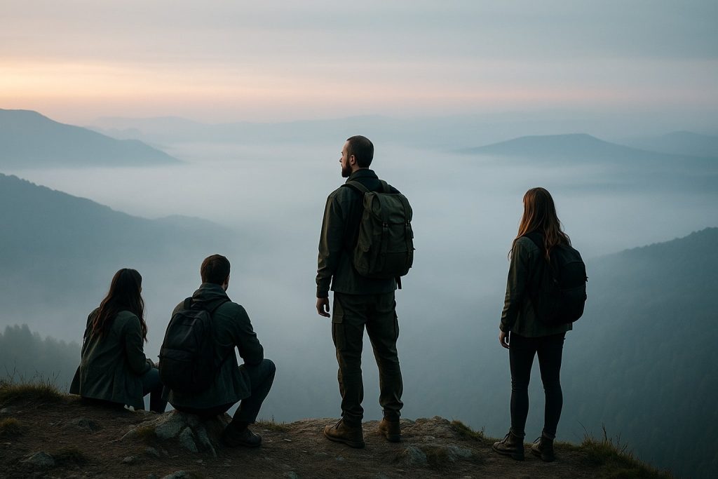 četvoro ljudi stoji na vrhu planine i posmatra pejzaž, fokus bez kompasa

