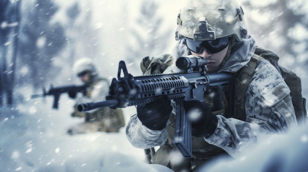 vojnik u snegu sa puškom, specijalne zimske aktivnosti