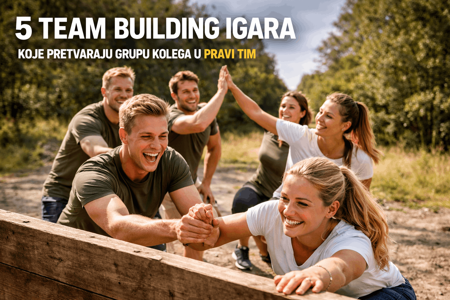 grupa kolega proslavlja uspešno obavljenu timsku igru