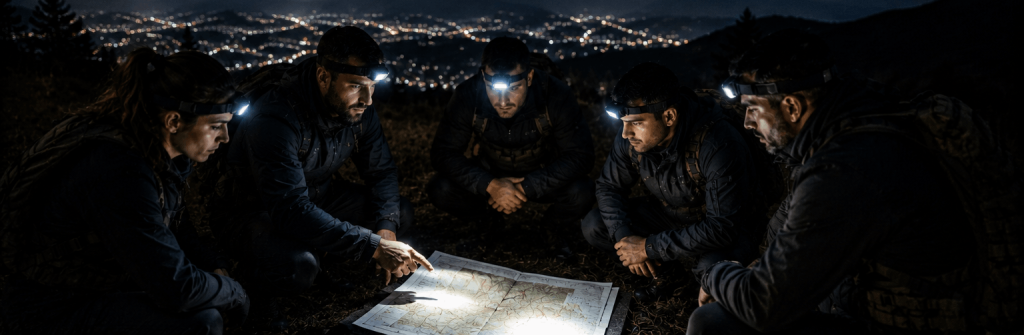 Noćni team building: zašto se tim potpuno menja nakon zalaska sunca 1 noćni team building, kolege sede u mraku okupljene oko mape sa lampama na glavi